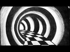 a black and white drawing of a checkered floor in a dark tunnel with light at the end