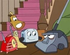 two cartoon characters standing next to each other in front of a stair case and carpet cleaner