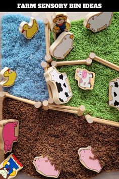 Pin text reads farm sensory bin ideas and image show dyed rice for duck pond, mud for pigs, and green rice for grass for sheep and cows, plau farmer toy figures. Farm Activities For Toddlers, Farm Sensory Bin, Farm Activities Preschool