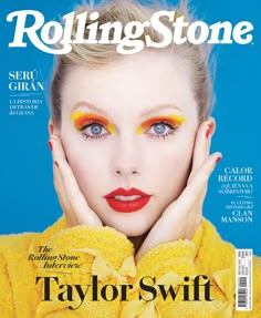 the cover of rolling stone magazine with taylor swift wearing yellow and orange makeup on her face