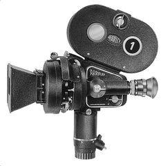 a black and white photo of a camera on a tripod with the lens attached