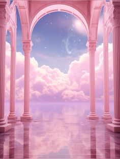 an empty room with pillars and clouds in the sky, as if it were heaven