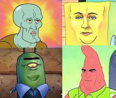 four cartoon faces with different facial expressions on them, including one man's face and the other woman's head