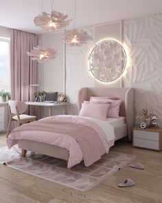 a bedroom decorated in pink and white with a circular light fixture hanging above the bed