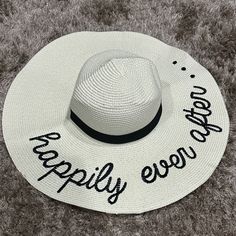 Nwot!! Bride Floppy Hat Embroidered Happily Ever After 100% Natural Straw Adjustable Size Cream Hats One Size For Vacation, White Hat For Vacation, One Size, White Vacation Hat One Size, White Hat For Vacation, White One Size Hat For Vacation, White Curved Brim Sun Hat, Fun Style, Fun White Sun Hat With Curved Brim, White Summer Hat One Size, Fun Vacation Hat, One Size