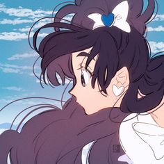 two anime characters are kissing in front of blue sky with clouds and white clouds behind them