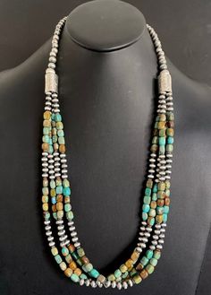 Sterling Silver Multi Strand Blue Green Turquoise Bead Necklace. 30 inch Western Jewelry Necklace, Native Necklace, Necklaces Ideas, Sterling Silver Turquoise Earrings, Blue Green Turquoise, Bracelet Craft, Silver Turquoise Earrings, Beads Craft Jewelry, Cowgirl Bling