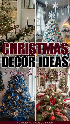 christmas decor ideas for the dining room, kitchen and living room with text overlay