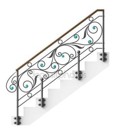 an iron stair railing with blue eyes on it