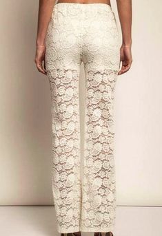 Umgee Soft and sweet lace sheer pants. Shorts lined and a sheer stripe down the side, super stretchy. Color: Ivory (has yellowish tone)Sizes S-M-L Waist approx. 30-32-34, 30.5-31 inseam, 10" rise, hips 38-40-42 D2/C7384 Lace Bell Bottoms, Lace Pants Outfit, Sheer Pants, Lace Pants, Summer Lace, Fun Pants, Sweet Floral, Ivory Lace, Color Ivory