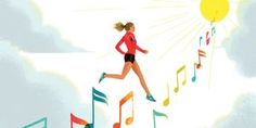 a woman is running through music notes