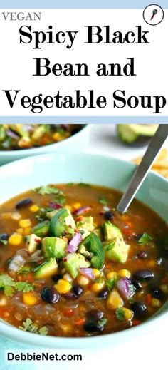 a bowl of black bean and vegetable soup with the title above it reads vegan spicy black bean and vegetable soup