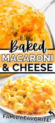 baked macaroni and cheese is shown with the title above it