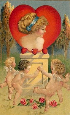 an old valentine card with three cherubs and a heart on the back ground