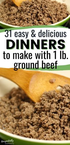 two bowls filled with ground beef next to each other and the words, 3 easy & delicious dinners to make with 1lb ground beef