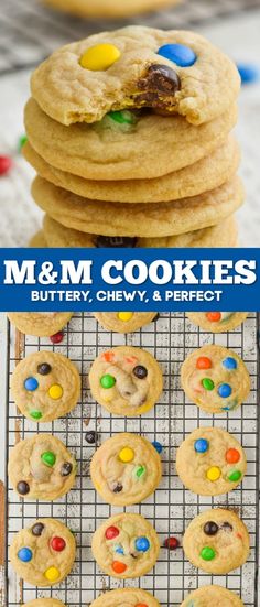 m & m cookies are stacked on top of each other, and the cookie is ready to be eaten