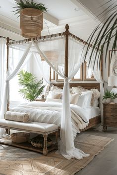 a bedroom with a canopy bed and white curtains on the windowsill, plants in basket hanging from the ceiling