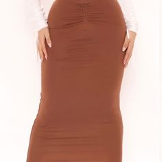 Fashion Nova Brielle Midi Skirt. Size L High Waist.Ruchel Front Detail. Tie Waist.Stretchy Brown Stretch Skirt For Night Out, Fitted Brown Pencil Maxi Skirt, Brown Stretch Midi Skirt, Chocolate Color, Women Skirts Midi, Fashion Nova, Midi Skirt, High Waist, Womens Skirt