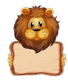 a lion holding a wooden sign with his head on it's back and eyes wide open