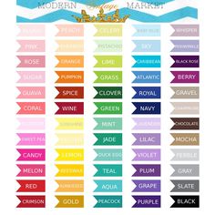 the color chart for modern market, which includes different colors and font on white paper