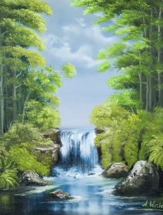 a painting of a waterfall surrounded by trees