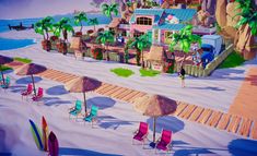 an animated beach scene with chairs, umbrellas and houses on the sand by the water