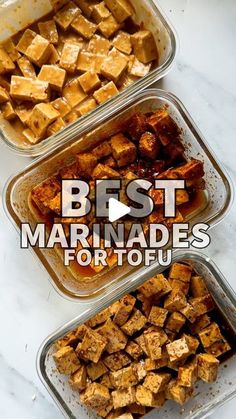 the best marinades for tofu are on display in glass dishes with text overlay