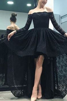 Black Off Shoulder Long Sleeves High Low Lace Evening Gown. SKU: 2298. Year: 2019. Shown Color: Black. Silhouette: Ball Gown, A-line. Sleeve: Long Sleeves. Back Style: Open Back, Zipper Up. Fabric: Lace. Neckline: Off-the-Shoulder. Built-In Bra: Yes. Hemline/Train: Sweep/Brush Train. Embellishment: Lace. Season: Spring, Summer, Fall, Winter Long Sleeve Prom Dress Lace, Long Sleeve Homecoming Dresses, High Low Prom Dress, High Low Prom Dresses, Long Sleeve Prom, Lace Prom Dress, Homecoming Dresses Black, Professional Dresses, Lace Dress Black