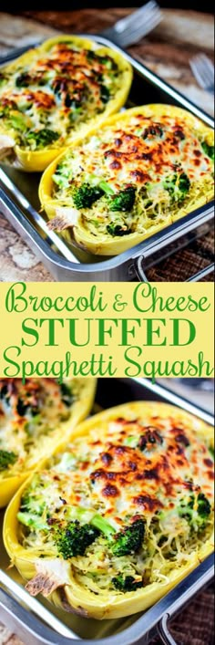 broccoli and cheese stuffed spaghetti squash casserole is shown in two separate pans