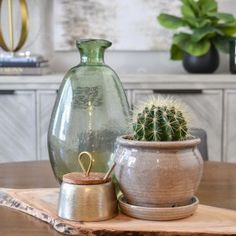 two vases sitting on top of a wooden table next to a potted cactus