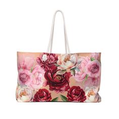 This beautiful oversized large Peony Pink colourful floral Weekender tote bag is perfect for your weekend at the beach or in town. An ideal gift for Peony lovers and holiday makers.A perfect Spring Summer Peony gift for her.The wide-mouthed, durable bag holds a generous amount of personal items and is easily held by its thick rope handles. .: 100% Spun Polyester .: T-bottom .: Cream sheeting interior lining .: One size: 24" x 13" (60.9 cm x 33 cm) .: NB! Size tolerance 0.75" (1.9 cm)) .: Assembl Vacation Floral Print Tote Shoulder Bag, Summer Floral Print Travel Bags, Summer Travel Bags With Floral Print, Multicolor Floral Print Beach Bag For Travel, Floral Print Tote Shoulder Bag For Vacation, Multicolor Floral Print Beach Bag, Multicolor Floral Print Vacation Bags, Spring Travel Canvas Bag With Floral Print, Pink Floral Print Shoulder Bag For Vacation