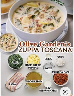 an advertisement for olive garden's zupa toscana with ingredients in bowls