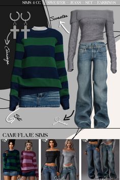 Add a touch of effortless style to your game with this Sims 4 CC clothes set by Camuflaje Sims, featured at number 1p on my download list! This collection combines cozy vibes and trendy details, including oversized striped sweaters, chic off-shoulder knit tops, classic denim jeans, and sleek cross earrings. Perfect for crafting laid-back yet fashionable looks for your Sims! Plus, this list is packed with the best Sims 4 CC packs for male and female Sims—your wardrobe upgrade awaits! Sims 4 Cc Free People, Clothes Collection Sims 4 Cc, Sims 4 Clothing Accessories Cc, Sims 4 Overlays Cc, Sims 4 Cc Striped Sweater, Sims 4 Cc Geek Clothes, Sims 4 Cc Cool Clothes, Sims 4 Off Shoulder Sweater, Sims Cc Clothes Collection