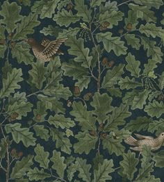 a wallpaper pattern with birds and leaves on a dark blue background that has green acorns