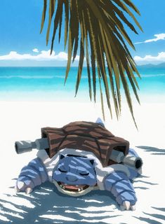 a cartoon character laying on the beach under a palm tree with his eyes closed and mouth wide open