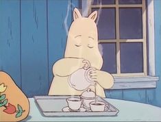 an animated image of a cat pouring tea into a cup on a tray in front of a window