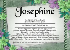 a piece of paper with the words josephine on it and purple flowers around it