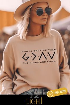 This cute Christian sweater with God is Greater than the Highs and Lows Symbol will keep you comfy inside and out with an encouraging message of faith! Wearing trendy Christian sweatshirts and hoodies is a comfy and casual way to intentionally share your heart for Jesus and create ways to share the Gospel with anyone. For more cute Christian apparel and merch, shop our entire Christian clothing brand website. Free Shipping! Clothing Brand Website, Christian Sweatshirts, Christian Clothing Brand, Share The Gospel, Faith Clothing, Patriotic Outfit, Christian Sweatshirt, Comfortable Style, Hoodie Outfit