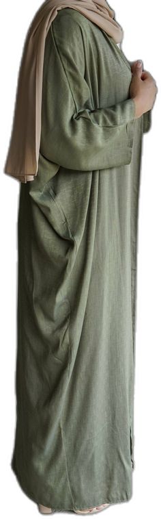 Green Long Sleeve Abaya For Spring, Long Sleeve Green Abaya For Spring, Modest Long Green Abaya, Spring Green Long Sleeve Abaya, Long Green Spring Abaya, Linen Abaya, Wrap Skirt, 3 Piece, Olive Green