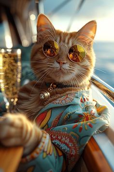 an orange cat wearing sunglasses and holding a wine glass in its paws while sitting on the back of a boat