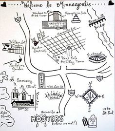 a map that is drawn in black and white with words written on it, including the names