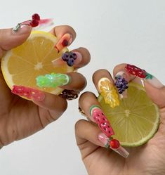 3D nails  Fruit nails Fruit Toe Nail Designs, Fruit Nails Square, Square Fruit Nails, 3d Fruit Nail Art, Vegetable Nails, 3d Fruit Nails, Fruit Acrylic Nails, Nail Tech Photoshoot Ideas, Cake Nails