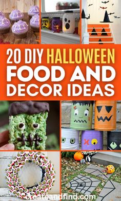 Collage of DIY Halloween ideas including decorations and party food. Diy Halloween Party Decorations, Halloween Decor Diy Indoor, Halloween Yard Decorations Diy, Unique Halloween Decorations, Halloween Party Decor Diy, Halloween Decorations For Kids, Halloween Themed Birthday Party, Halloween Front Porch Decor