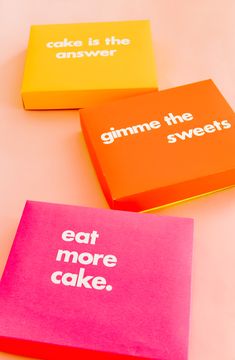 three different colored boxes with the words gimme the sweets written in white on them