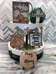 Christian Tray Set, God of the Hills, Easter Tier Tray, Easter Decor, Blessed Tray Set, Crosses, Farmhouse Rustic Set, Christian Decor This rustic tray set is a perfect for your Easter decor or all around decor. These inspirational sayings will remind you every time you look at it that God is there. The colors go with any decor. This would make a great house warming gift or just a great purchase for your self! This full set includes 6 pieces and a stand. These signs do not stand on their own. Yo Set God, Rustic Tray, Christian Decor, Inspirational Sayings, Great House, Farmhouse Rustic, The Hills