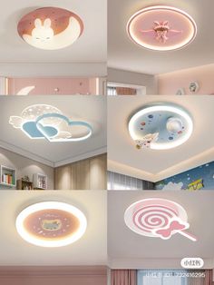 the ceiling lights are designed to look like they have clouds and other things on them