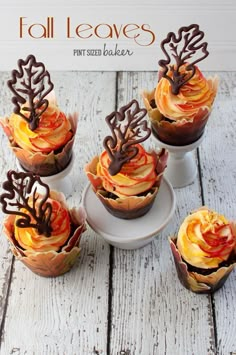 four cupcakes with chocolate frosting and fall leaves on top sitting on a white plate