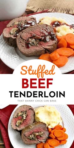 sliced beef tenderloin on a white plate with carrots and mashed potatoes