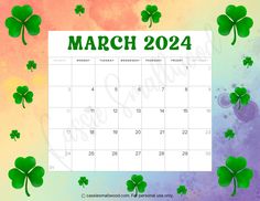 March 2024 calendar free printable with watercolor rainbow background and shamrocks