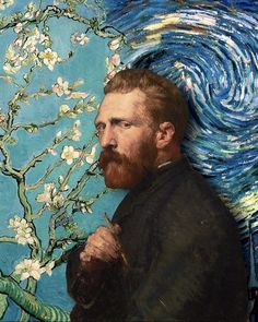 a man standing in front of a painting with white flowers on it's branches